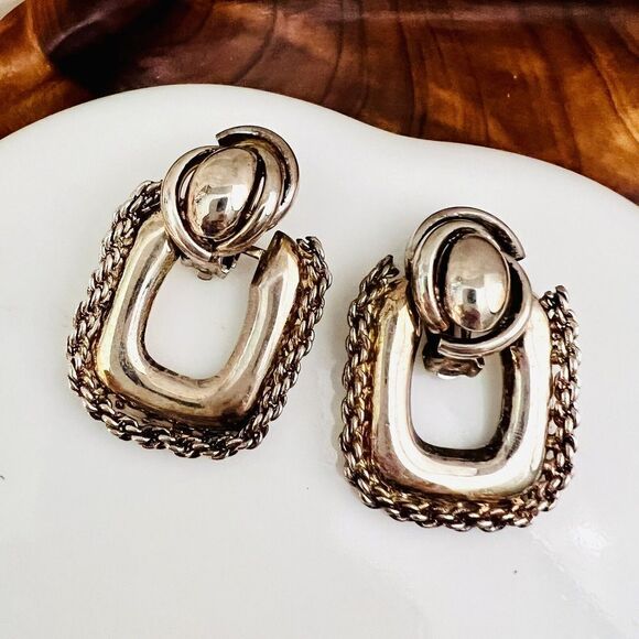 Vintage Large Earrings Silver Plate Door Knocker Dangle Clip On Texture Y2K 4585 - Picture 1 of 9